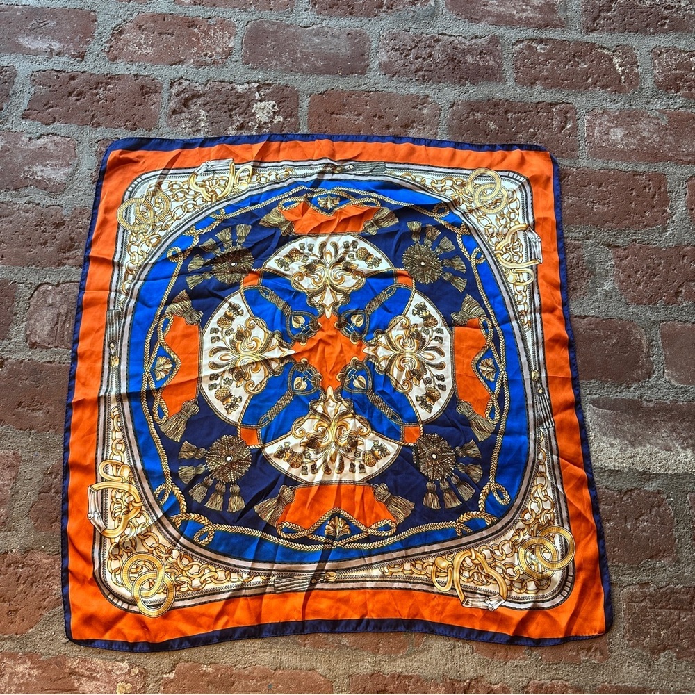 Vibrant Vintage Orange Blue Gold Chain Tassel Rope Scarf Wrap Hearts